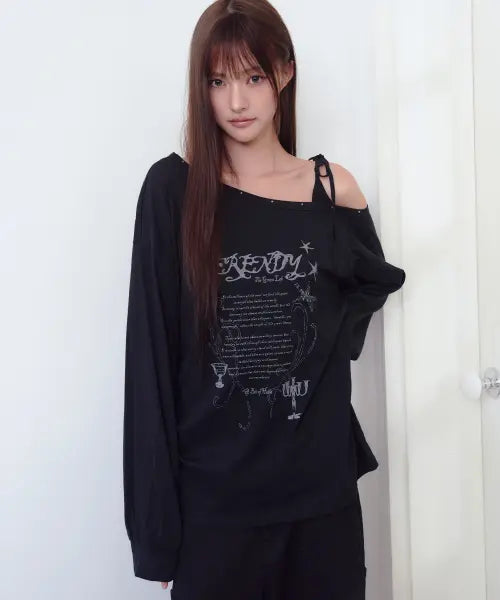 [THE GREEN LAB] Studded One-Shoulder String Long Sleeve [Black] / 스터드 원숄더 스트링 롱슬리브 [블랙]