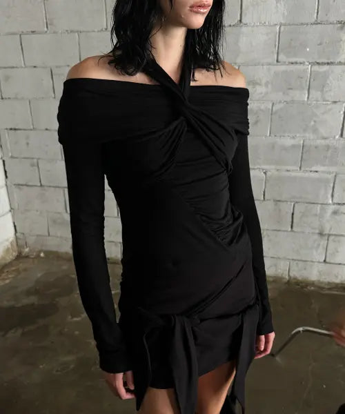 [ROCKCAKE] Twisted Off Shoulder Top - Black