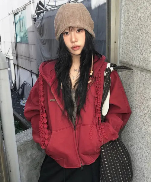[AJOBYAJO] [ZGGU] Laced Multi-Drawstring Zip-Up Hoodie [BURGUNDY]