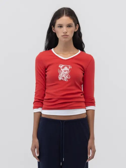 [GLOWNY] ANGEL PUPPY V NECK 3/4 SLEEVE (RED)