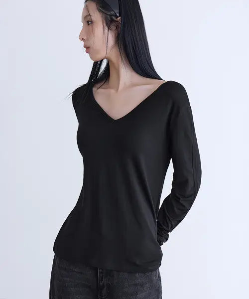 [LONDONDADA] Sheer Deep V-neck Shirring Long Sleeve, 2colors