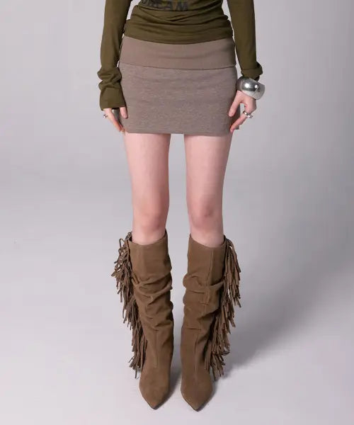 [YOUHEE] FOLDED JERSEY MINI SKIRT_BEIGE