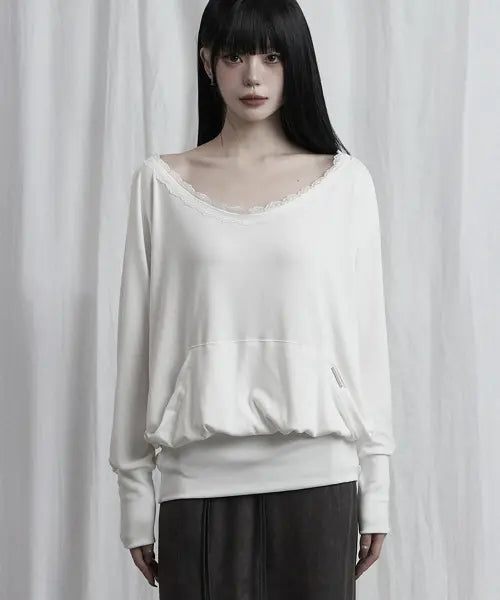 [ETRE AU SOMMET] Lace Drape Off-Shoulder Top (White)