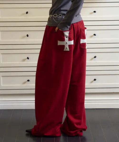 [PRENDA] EYELET POCKET WIDE SWEATPANTS BURGUNDY