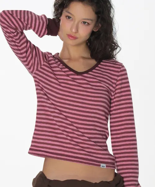 [CRANK] COZY STRIPE V-NECK TOP_PINK / 코지 스트라이프 브이넥 탑_핑크