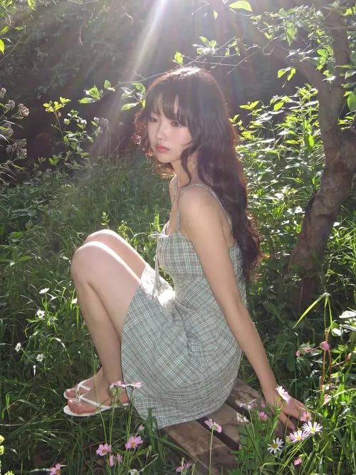 [KOOLKITTEN] Vintage Check Ribbon Cami Mini Dress (LIGHT GRAY)