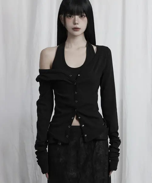 [ETRE AU SOMMET] Halter Neck Slim Cardigan (Black)