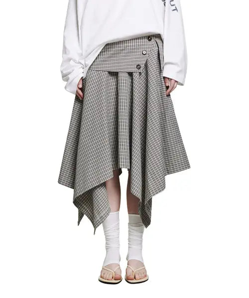 [ROUGHTYPE] Unbalance Button Check Skirt - Beige