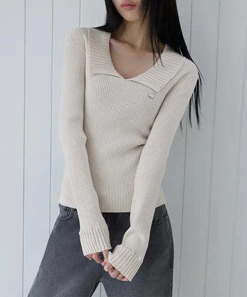 [LONDONDADA] Open Collar Rib Knit Top, 2colors