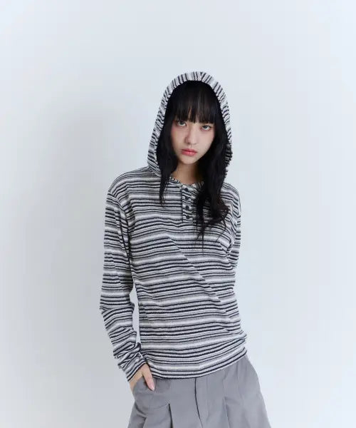 [PARADIGMFILM] [Ep.03] Striped Henley Hood Long Sleeve (Grey) / [Ep.03] 스트라이프 헨리넥 후드 롱슬리브 (그레이)