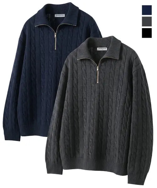 [UNTAPPED STUDIO] Oversized Cable Half-Zip Collar Knit 3 Colors / 오버핏 케이블 반집업 카라 니트 3Color