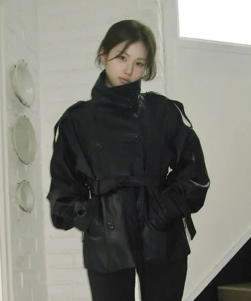 [ASURA] AUTHENTIC TRENCH LEATHER JACKET (BLACK)