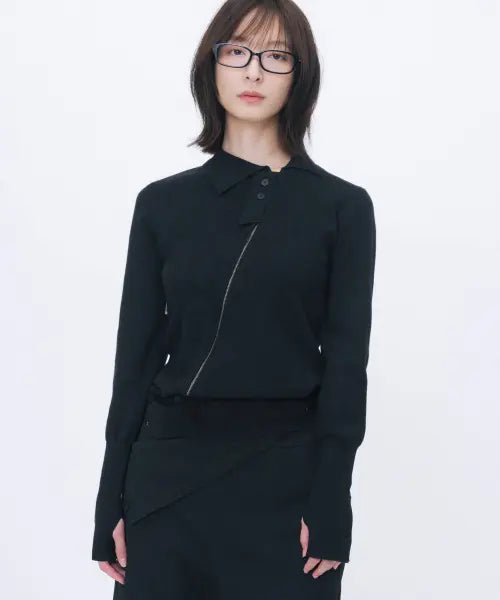 [MISEKI SEOUL] Diagonal zip-up knit BLACK