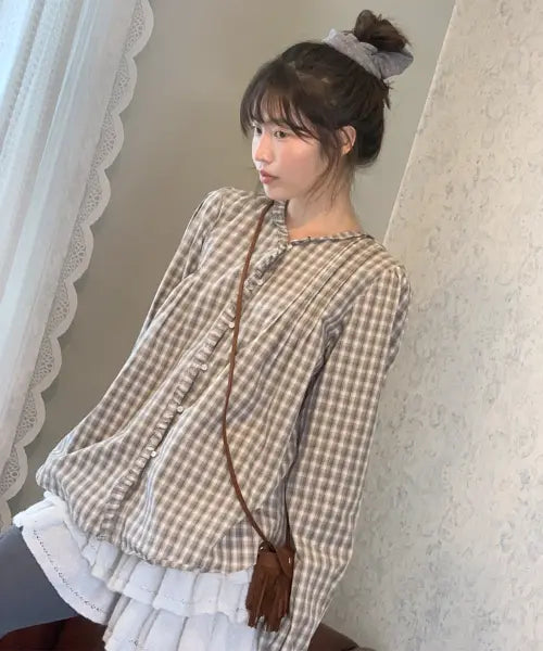 [RONRON] CHECK RUFFLE PINTUCK BLOUSE BROWN