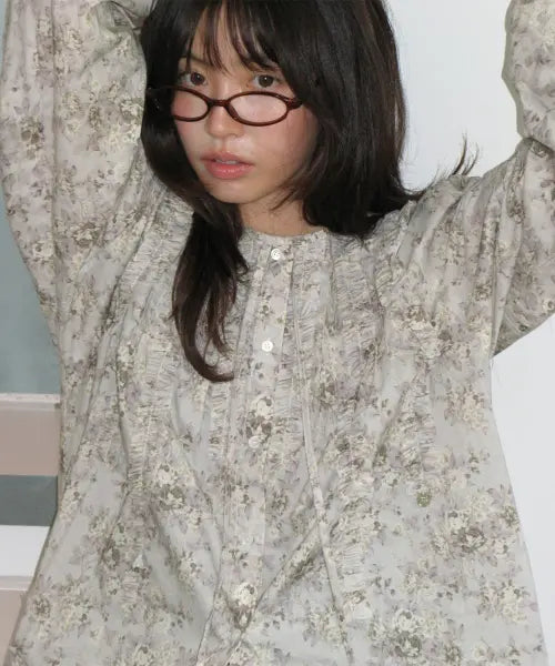 [RONRON] LACE RUFFLE BLOUSE FLORAL BEIGE