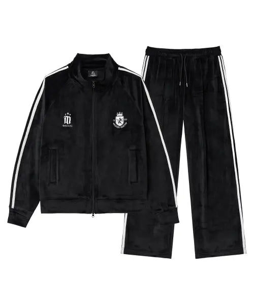 [MOZMOZ] Crest Velvet Track Top + Velvet Wide Track Pants Set - Black / [SET] 크레스트 벨벳 트랙탑 + 벨벳 와이드 트랙팬츠 블랙