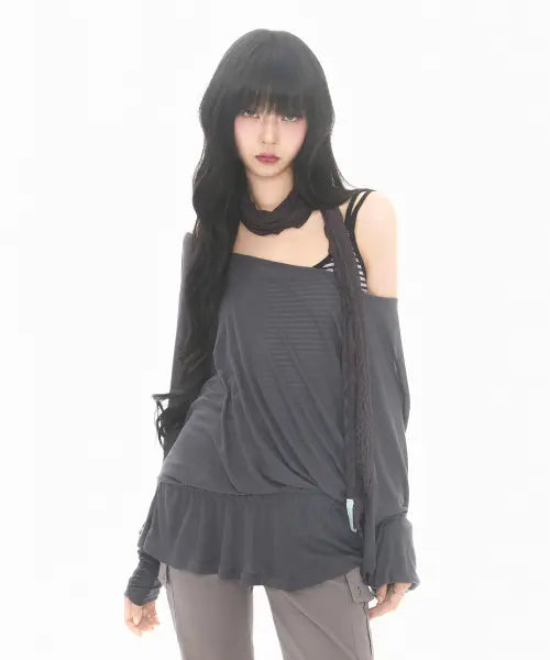 [MIRECO] SHEER OFF-SHOULDER SLEEVE CHARCOAL