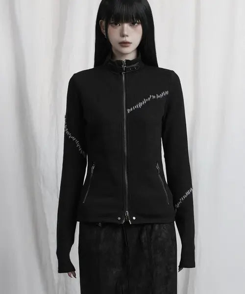 [ETRE AU SOMMET] Contrast Stitch Zip-Up Long Sleeve (Black)