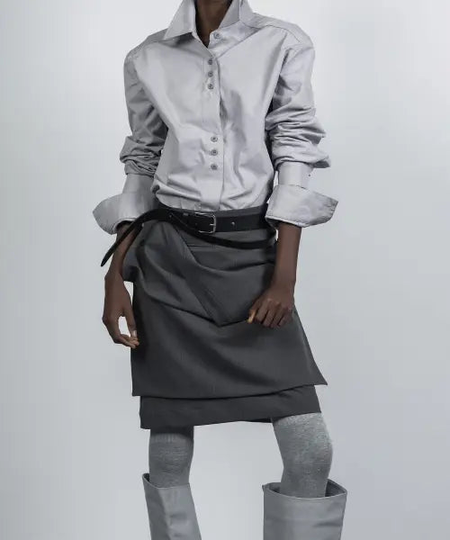 [NACHE] LAYERED BUTTON MIDI SKIRT MELANGE CHARCOAL
