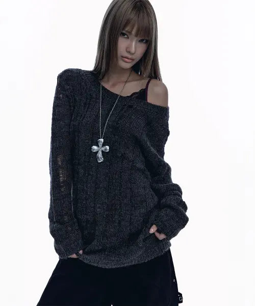 [ROUGHNECK] Damaged Graphic Knit Charcoal
