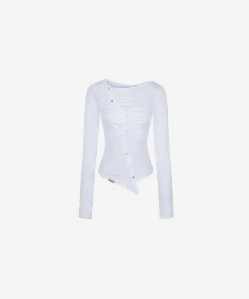 [NEWALRIN] Jelly Button Asymmetric Ruched Top White