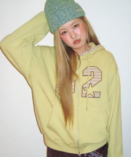 [AMES-WORLDWIDE] 52 STRIPE APPLIQUE HOODIE ZIP-UP YELLOW