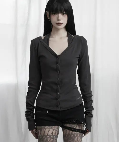 [ETRE AU SOMMET] Halter Neck Slim Cardigan (Charcoal)