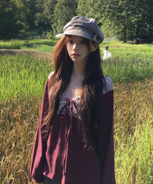 [ITZAVIBE] STRING STRIPE SHIRRING LONG SLEEVE - BURGUNDY