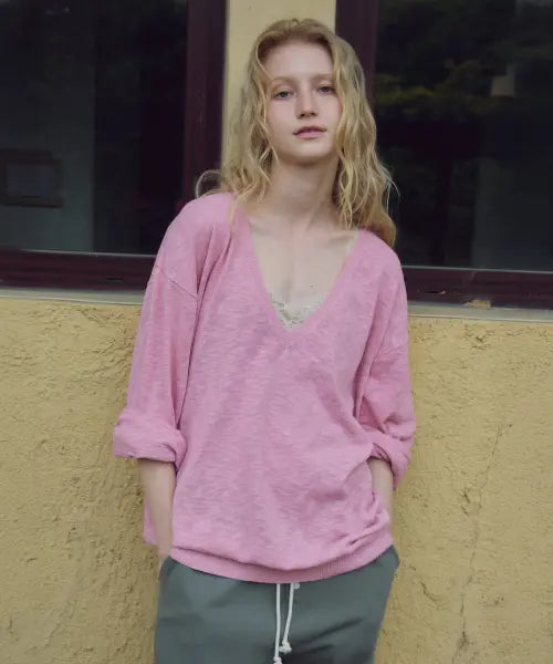 [CITTA] Slub Deep V-neck Knit_CTK270(Pink)