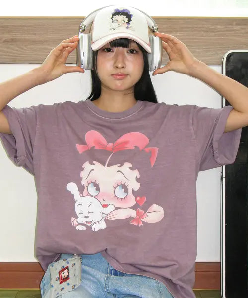 [RONRON] BETTY BOOP PIGMENT RIBBON OVER FIT T SHIRT PURPLE