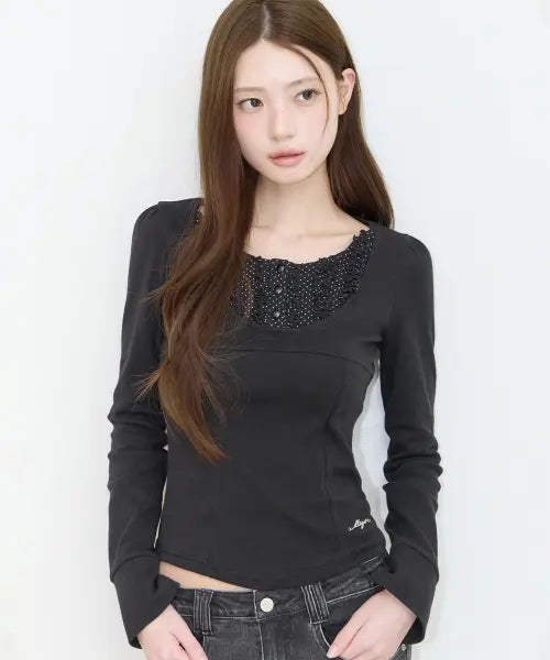 [ILLIGO] RUFFLE LAYERED LONG SLEEVE BLACK / 러플 레이어드 롱슬리브 블랙