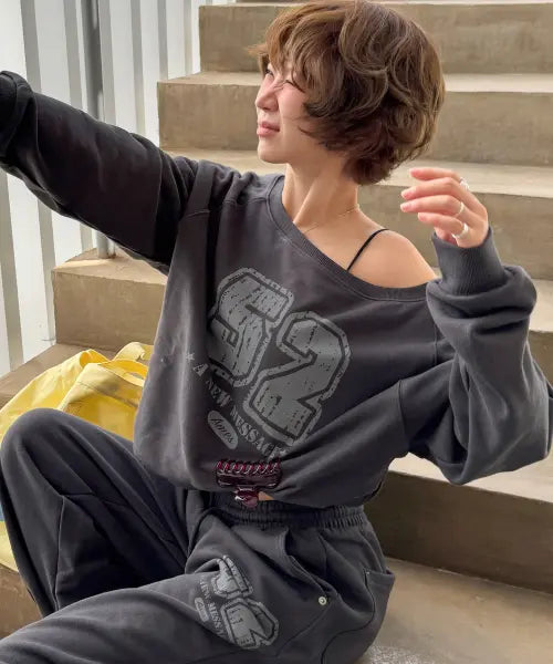 [AMES-WORLDWIDE] 52 CASUAL OFF SHOULDER SWEATSHIRT CHARCOAL