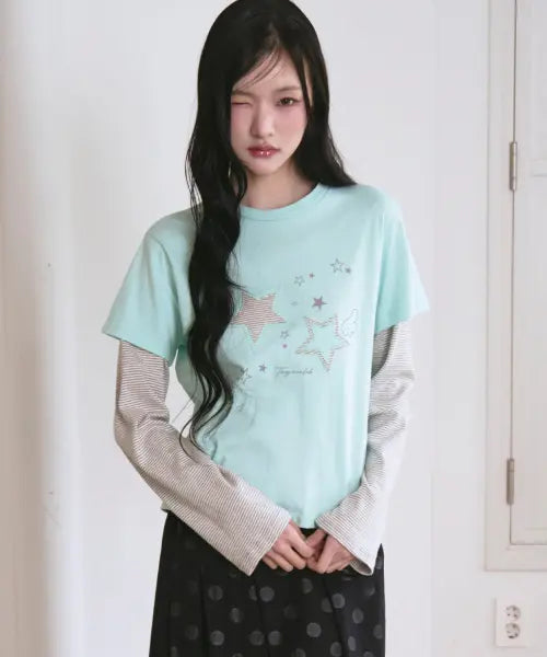 [THE GREEN LAB] Star Patch Layered T-Shirt [Mint] / 스타 패치ST 레이어드 티셔츠 [민트]