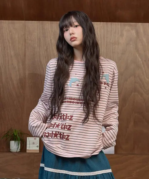 [WAIKEI] Stripe Dolphin Long Sleeve T-Shirt Pink / 스트라이프 돌핀 롱슬리브 티셔츠 핑크