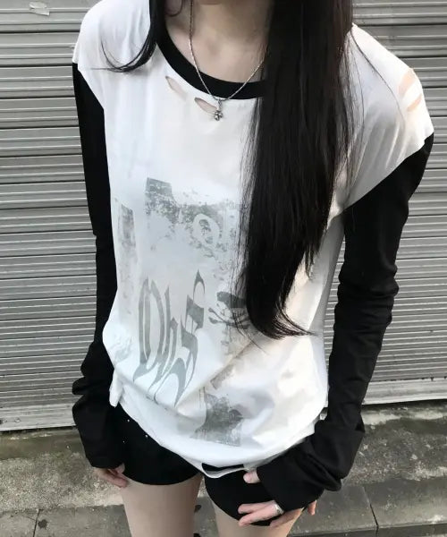 [LIBERALNEWS] DRAWN BLADE SKULL Fake-Layer Long Sleeve T-Shirt / DRAWN BLADE SKULL Fake-Layer LS Tee
