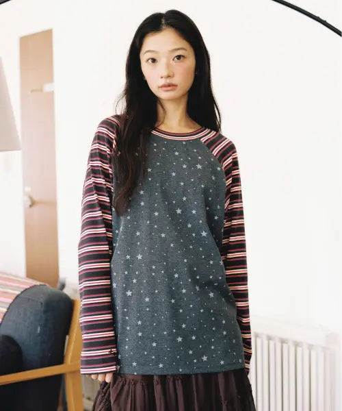 [CAVISH] STRIPED STAR RAGLAN LS TEE PURPLE (CV2GFFT561A)