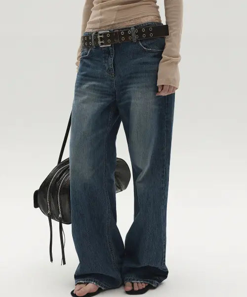 [LCDC™] BLUE WIDE-LEG WASHED DENIM (DARK BLUE)