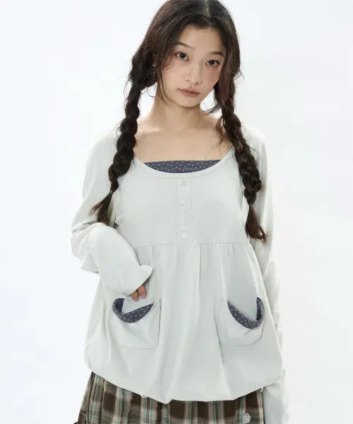 [BAUF] Star Pocket Shirring Long Sleeve [Mint] / 스타 포켓 셔링 롱슬리브 [민트]