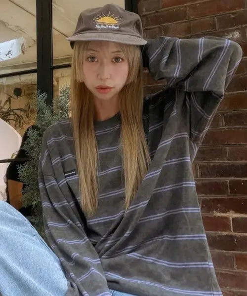 [UNKNOWN PLANET] Pigment Stripe Oversized Long Sleeve Tee Gray / 피그먼트 스트라이프 오버핏 롱슬리브 티셔츠 그레이