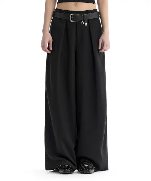[TREEMINGBIRD] Minimal Button-Detail Set-Up Wide Pants [ Black ]