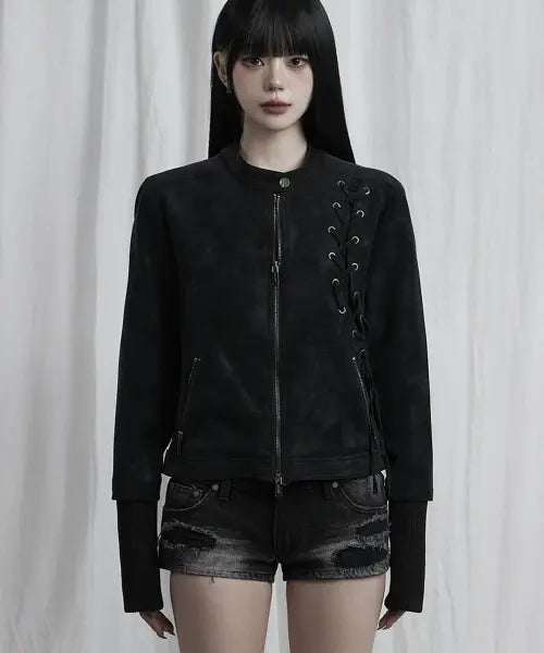 [ETRE AU SOMMET] Eyelet Point Cropped Leather Jacket (Black)