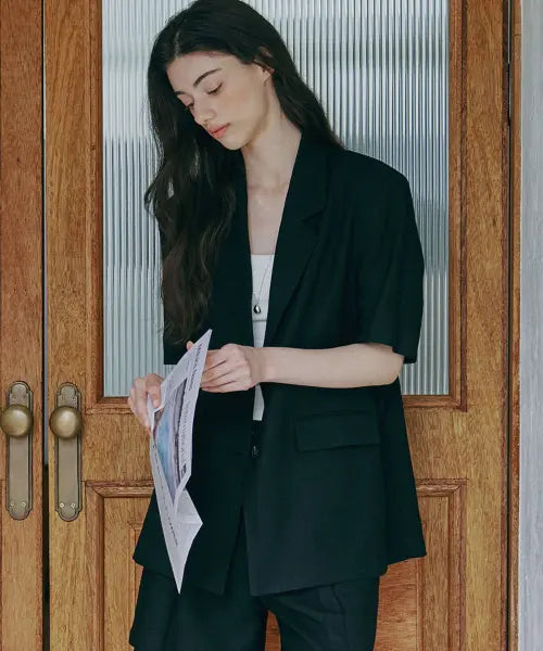 [MALOUPE] 6611 Linen Semi Oversized Short Sleeve Jacket (Black) / 6611 린넨 세미 오버핏 반팔 자켓 (블랙)