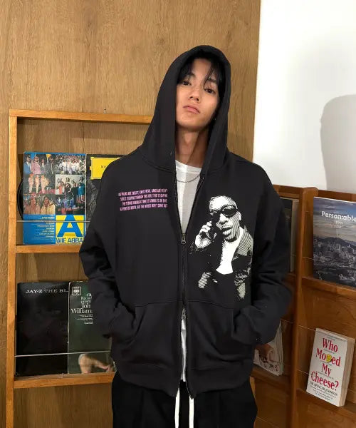 [AMOU] Hotline Hoodie Zip-up Black