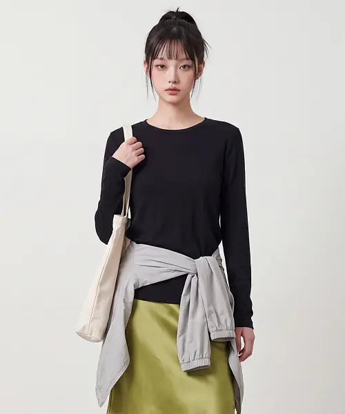 [BASIC HOUSE] Women Ribbed Stretch Round Neck Long-Sleeve T-Shirt, Black / 여성 골지 스판 라운드넥 긴팔티셔츠 블랙