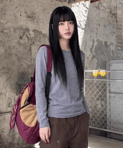 [BASIC HOUSE] Women Ribbed Stretch Round Neck Long Sleeve T-Shirt Gray / 여성 골지 스판 라운드넥 슬림핏 긴팔티셔츠 멜란지그레이