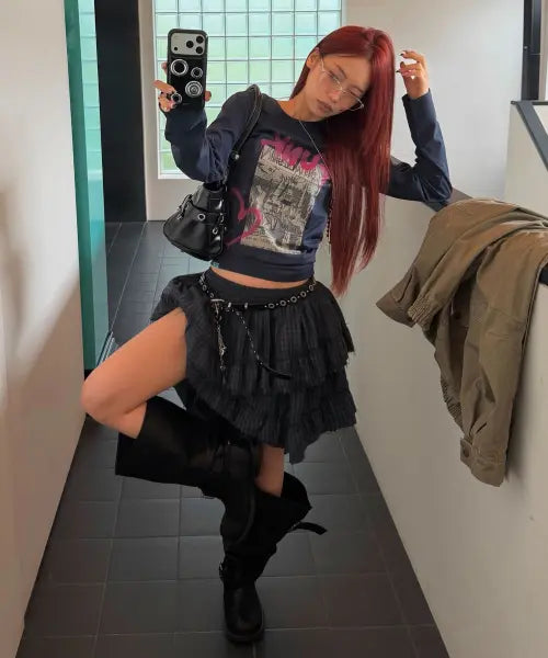[INSTANTFUNK] RAW EDGE CHECK TIERED SKIRT - NAVY / [하리S PICK] RAW EDGE CHECK TIERED SKIRT - NAVY