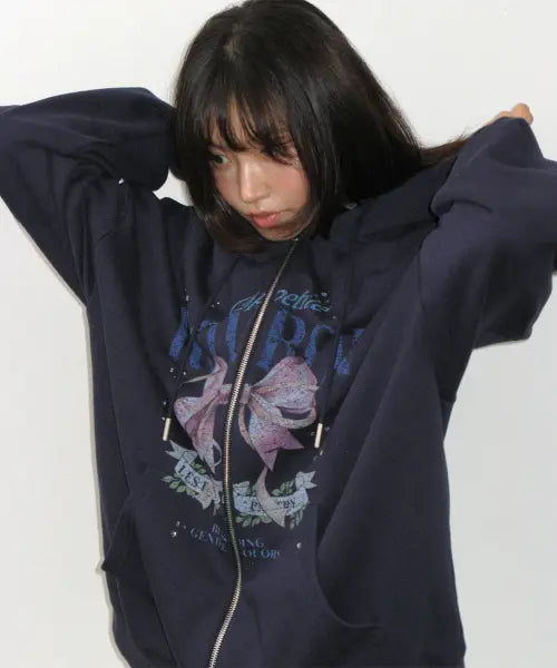 [RONRON] VINTAGE DOUBLE RIBBON HOODIE ZIP UP NAVY