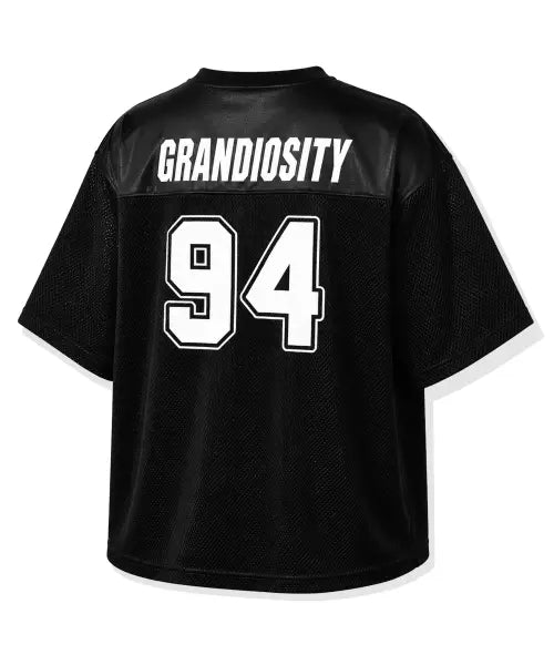 [GRANDIOSITY] Glossy Mesh Oversized-Fit Rugby Jersey (Black) / 글로시 메쉬 오버핏 럭비 져지 (블랙)