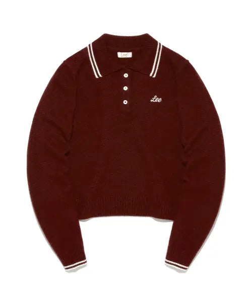 [LEE] Women Contrast Collar Knit Burgundy / 우먼 배색 카라 니트 버건디