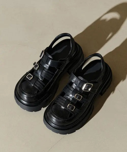 [HELENE PARIS] Cow Leather Mono Strap Fisherman Sandals [Black] / 카우 레더 모노 스트랩 피셔맨 샌들 [블랙]